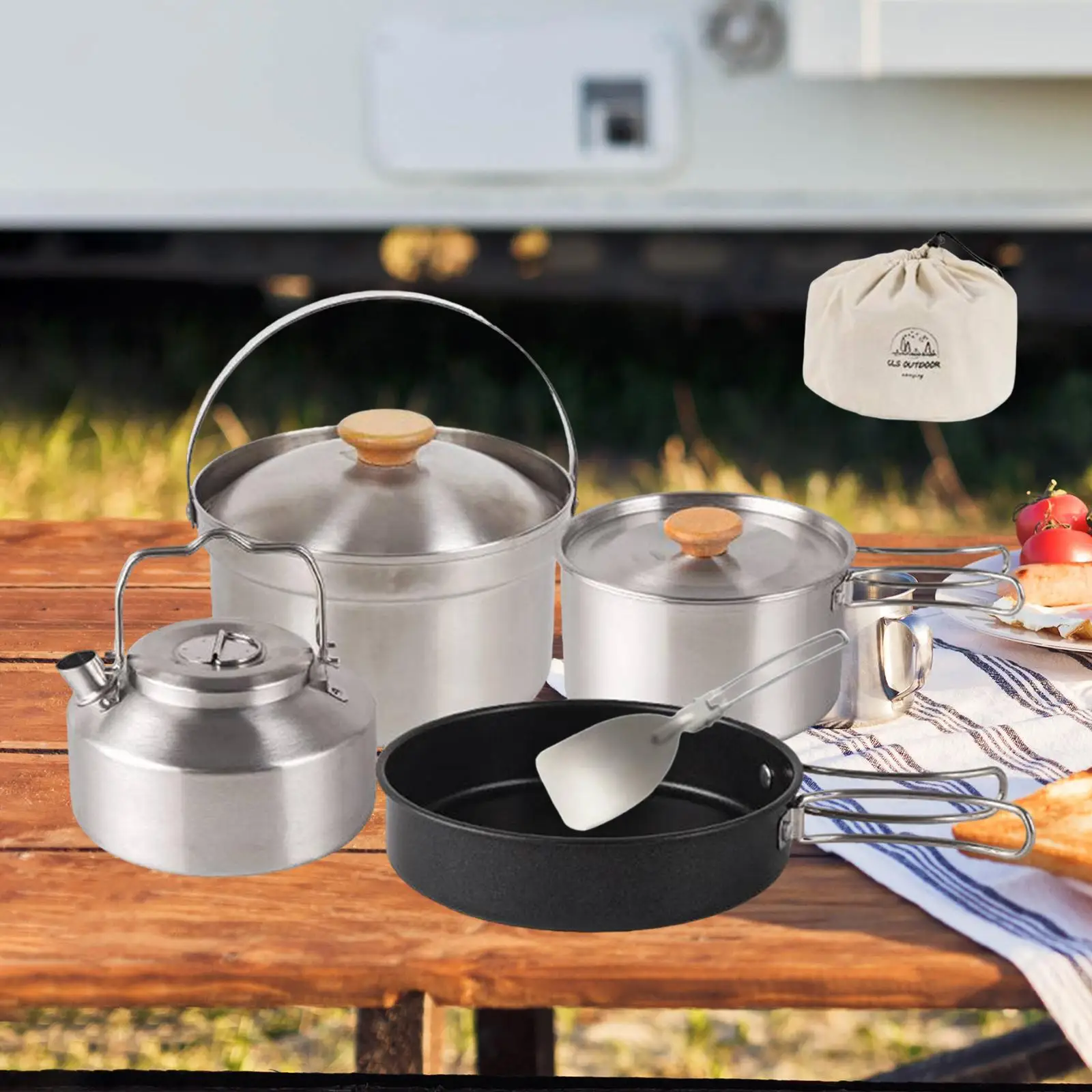 Camping Cookware Cook Gear Portable Nonstick Frying Pan, Teapot, Kettle Folding Handle for Hiking Campfire Dinner Travel Picnic