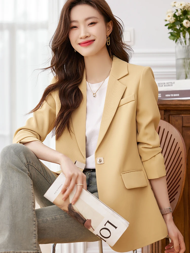 Fashion Autumn Winter Women Blazer Coat Coffee Black Yellow Female Long Sleeve Loose Ladies Casual Jacket