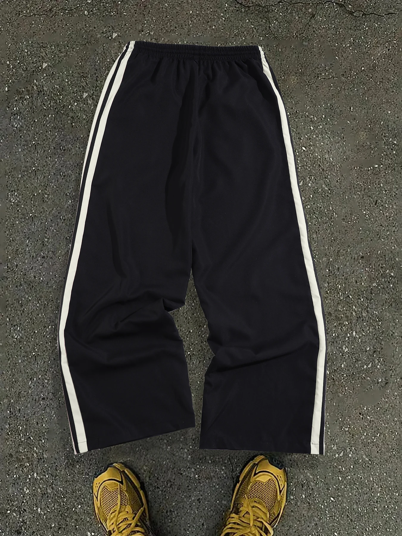 Men's Black Side Double White Stripe Drawstring Wide Leg Sweatpants Summer Loose Straight Casual Pants - Image 3