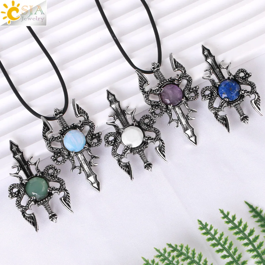 CSJA Double Dragons Sword Bullet Necklace Pendant Natural Crystal Stone Round Beads Vintage Jewelry Necklaces Man Women H143