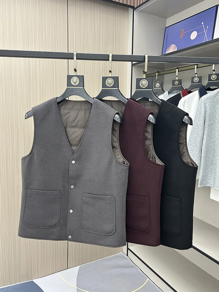 Colete Masculino Plus Size de Lã com Plumas de Pato, Casual, Quente, Estilo Urbano, com Ombreiras, Decote em V, Cor Sólida, J...