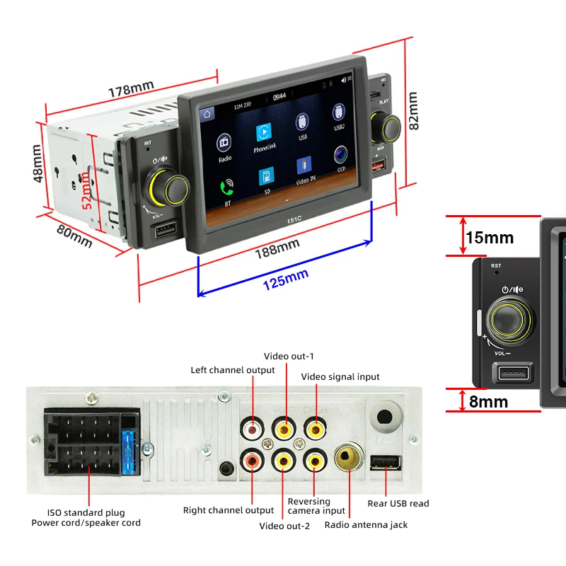 Car Radio CarPlay, 1 Din, Android-Auto, 5 Inch MP5 Player, Bluetooth, Hands Free, A2DP, USB, FM, Audio System, Head Unit 151C