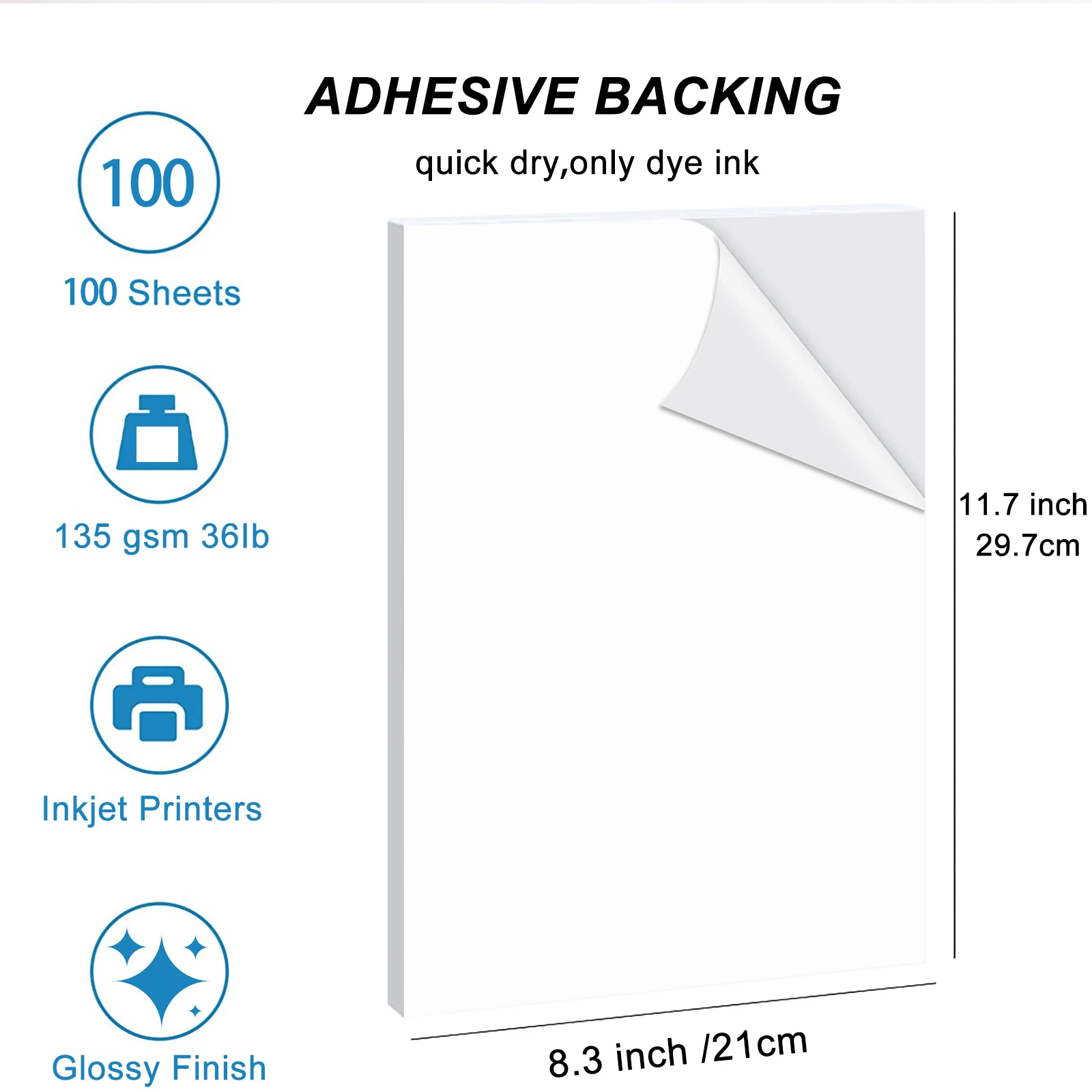 A4 135 GSM 100 hojas adhesivas imprimibles pegatinas brillantes papel fotográfico 8,3x11,7 hoja completa de papel fotográfico autoadhesivo de inyección de tinta