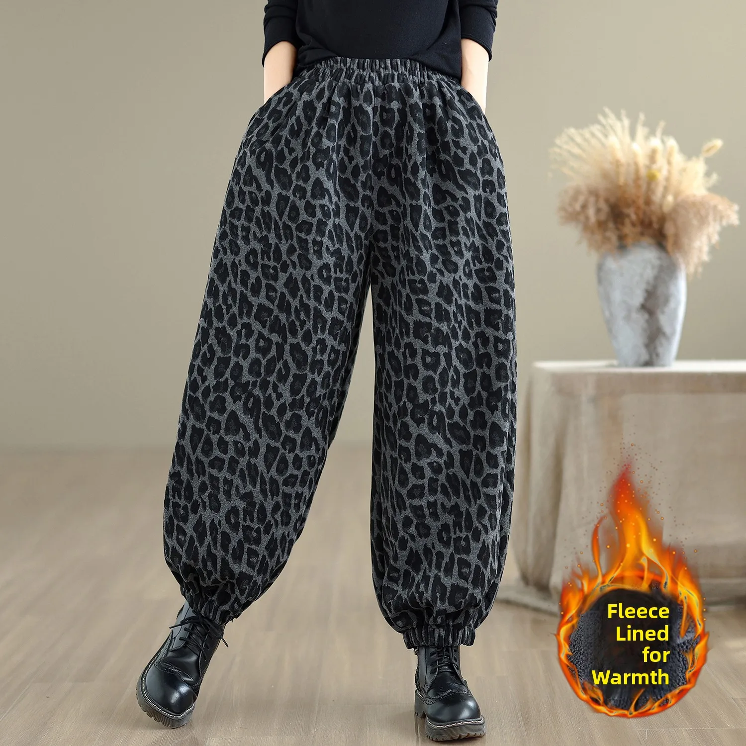 حجم كبير 300 Pou Sister النسخة الكورية ليوبارد طباعة فانوس السراويل النسائية الخريف الشتاء ثي الدافئة عالية الخصر واسعة الساق H...