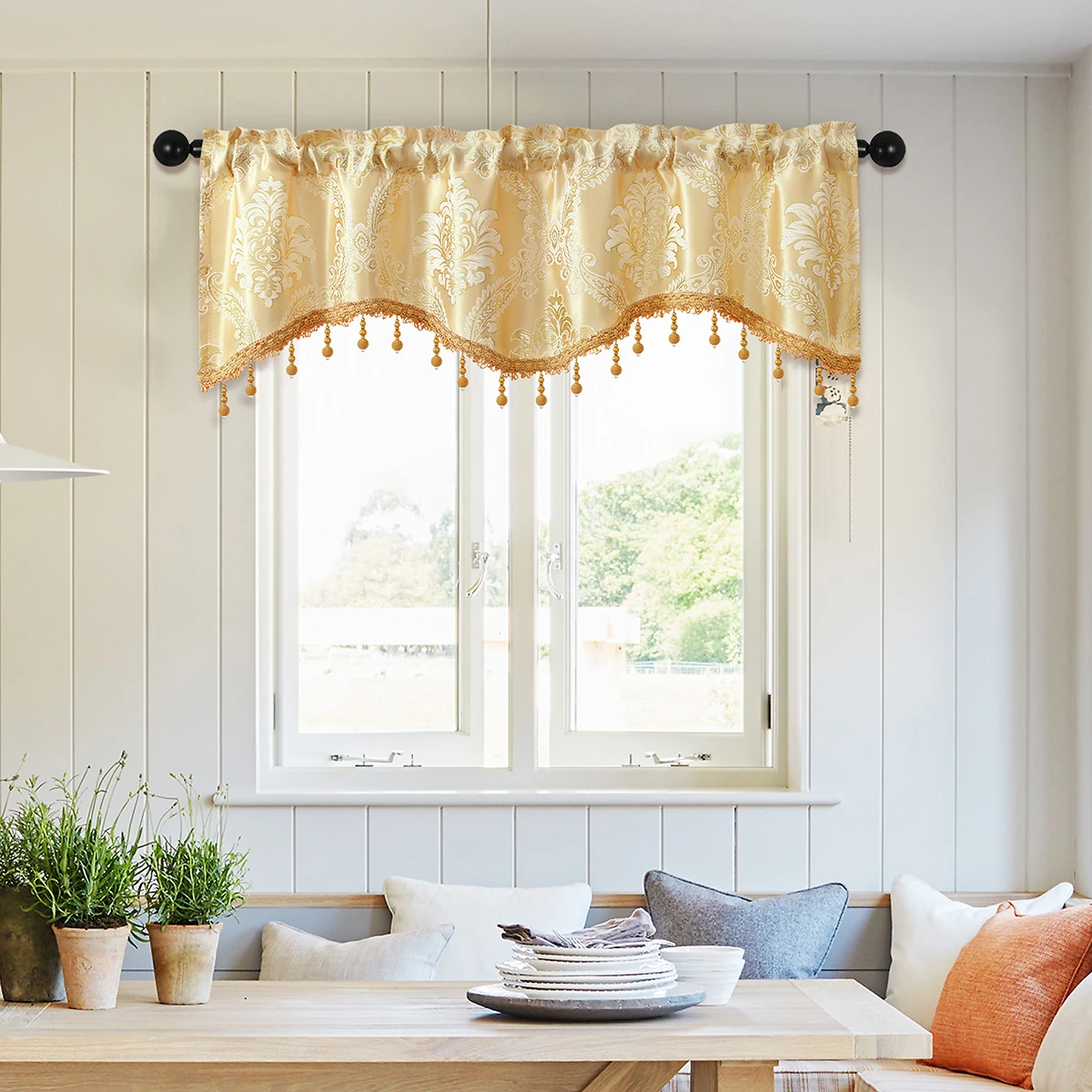 1pc European Luxury Style Jacquard Valance，Rod Pocket，S-shaped Window Curtain with Bead Edges for the Living Room Decor