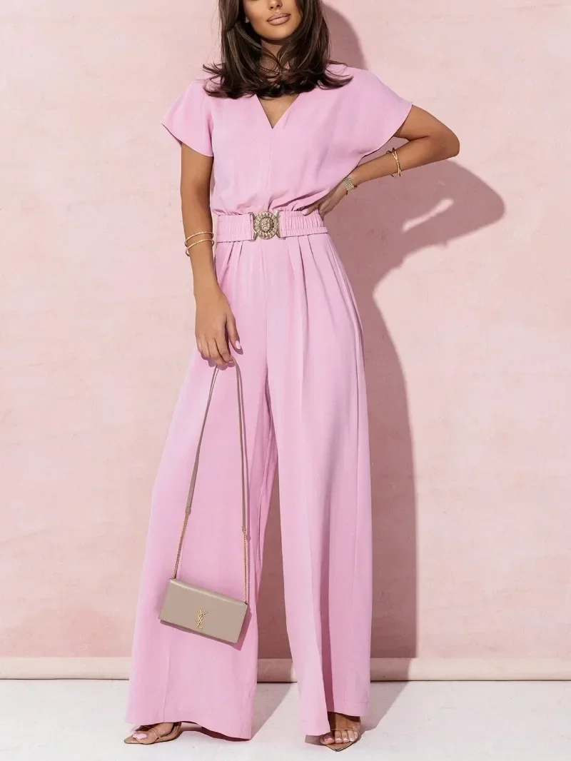 Spring Summer Women\'s Fashion V-neck Short Sleeve Jumpsuit Ladies  Casual Belt Solid Color Jumpsuit