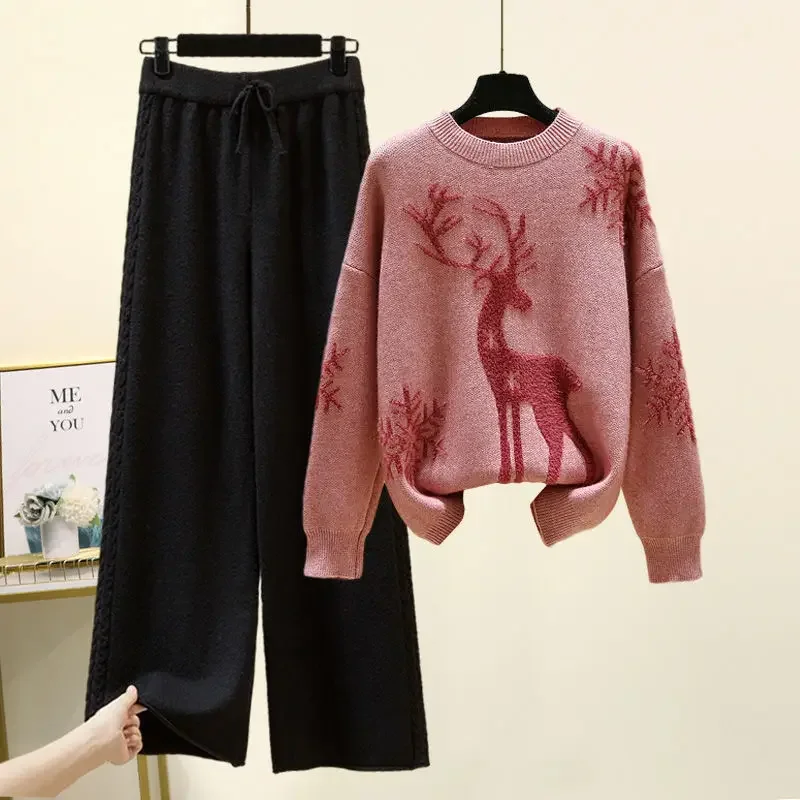 Set of Two Fashion Pieces for Women Long Sleeve Printing Pullover All-match Knitted High Waist Wide-leg Pants Women Knitted Suit