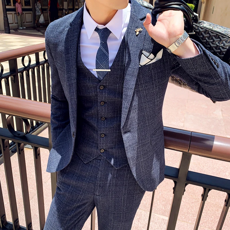 Men\'s Suit Jacket Vest Pants Fashion Boutique Plaid Casual Business Male Groom Wedding Tuxedo Dress 3 Pieces Set Blazers Coat