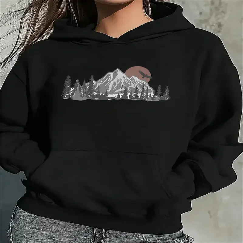 

Повседневная толстовка с капюшоном и принтом горного пейзажа, осенне-зимний сезон, свободный крой, пуловер для отдыха и путешествий, женская уличная одежда