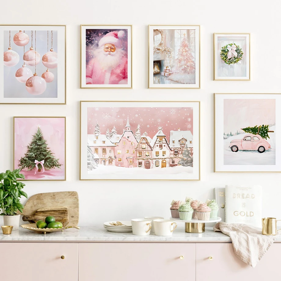 Pink Christmas Decoration Printed Gift Holiday Poster Wall Art Canvas Painting Nordic Poster Home Living Room Decor