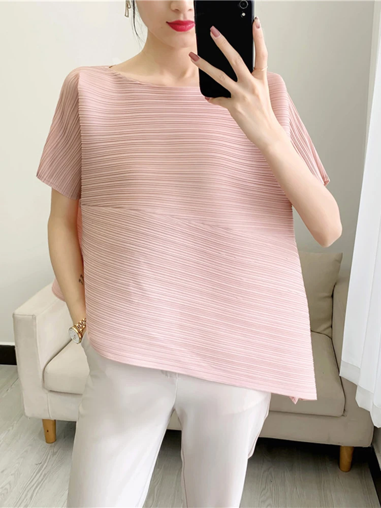 Miyake Pleated Irregular Short Sleeve T-shirt Solid Color Pullover Loose Round Collar Slim Fit 2023 Summer Female Clothing