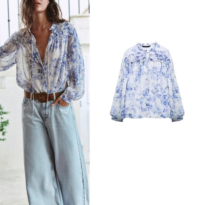 

Новая весенняя блузка с длинными рукавами и V-образным вырезом, полупрозрачная, с многослойным декоративным цветочным принтом, свободного кроя