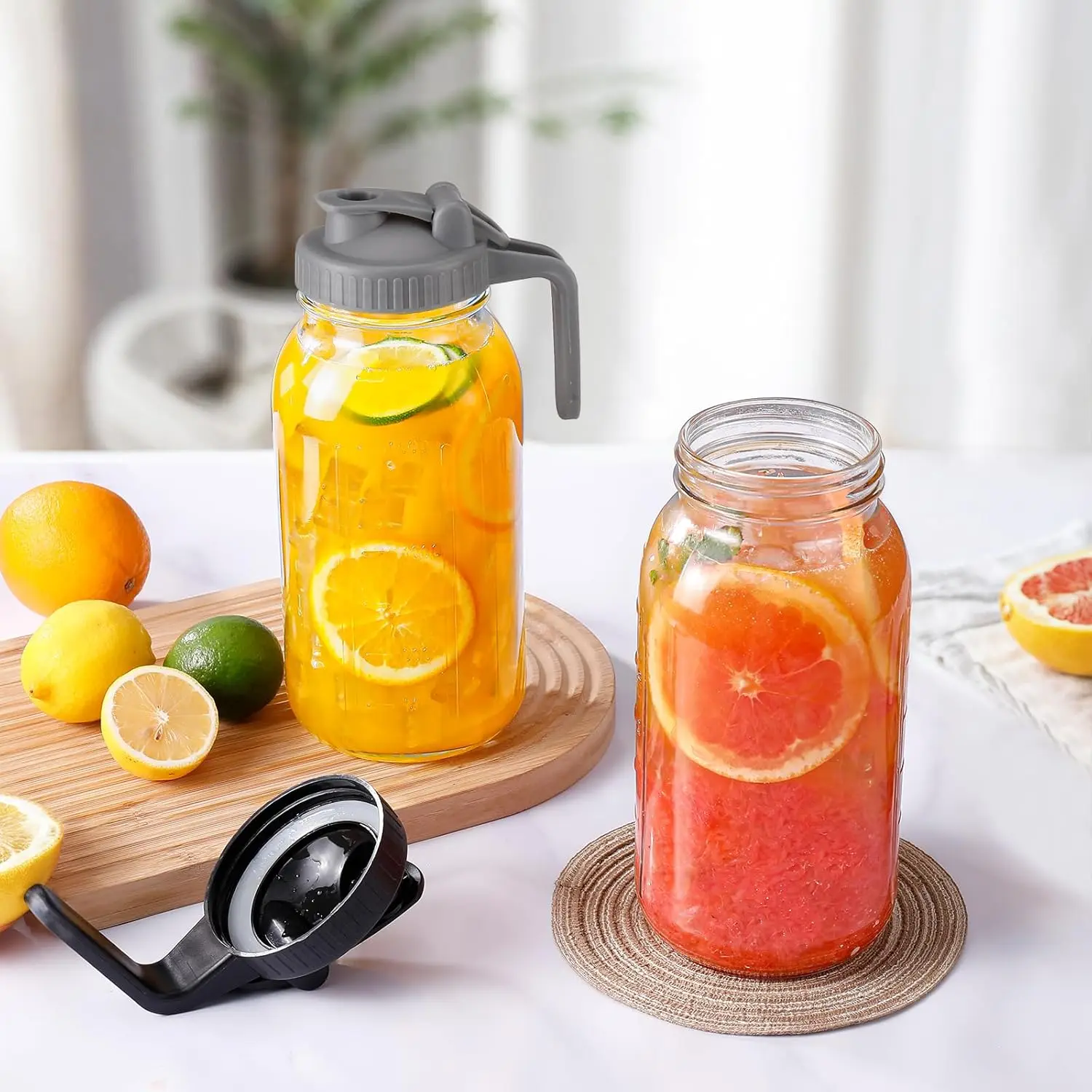 غلاية برطمان ميسون زجاجية مكونة من قطعتين سعة 64 أونصة مع غطاء ومقبض، غلاية شاي الشمس الخارجية، غلاية شاي ثلج للثلاجة، تستخدم للمكيا #4