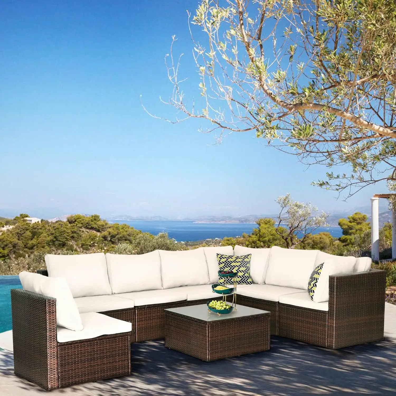 Wicker Patio Furniture Set, Outdoor Furniture, Sofá secional e Coffee Table