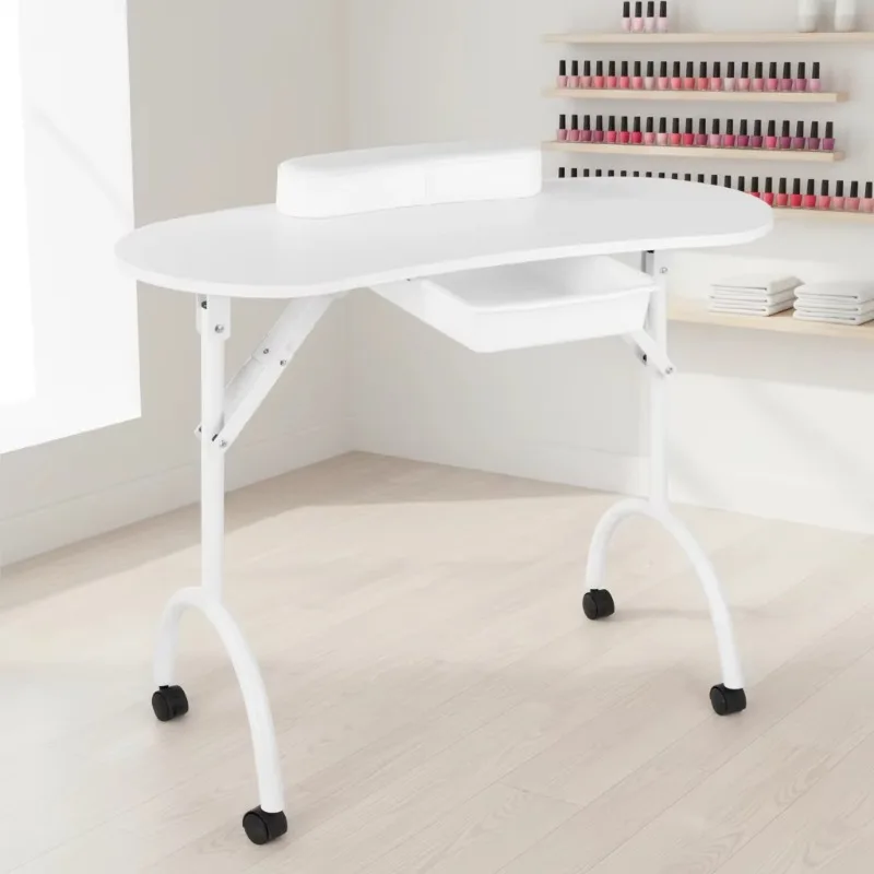 Foldable manicure table, manicurist workbench, portable workstation with rollers, large drawers, customer wrist pads