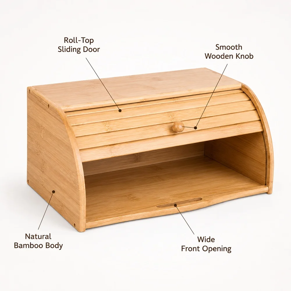 Natural Bamboo Bread Box Roll Top Countertop Food Storage Organizer for Bread Snacks Pastry Dry Food Kitchen Pantry Cabinet