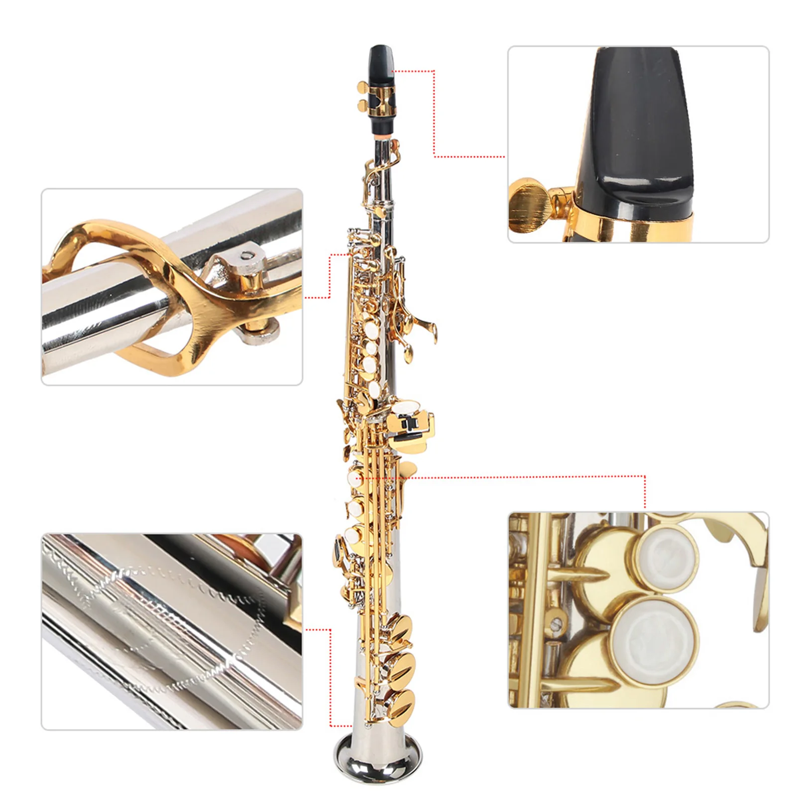 Modern Professional Brass Soprano Straight Saxophone Silver Plated Tube Gold Key Sax with Carrying Bag Straight Saxophone