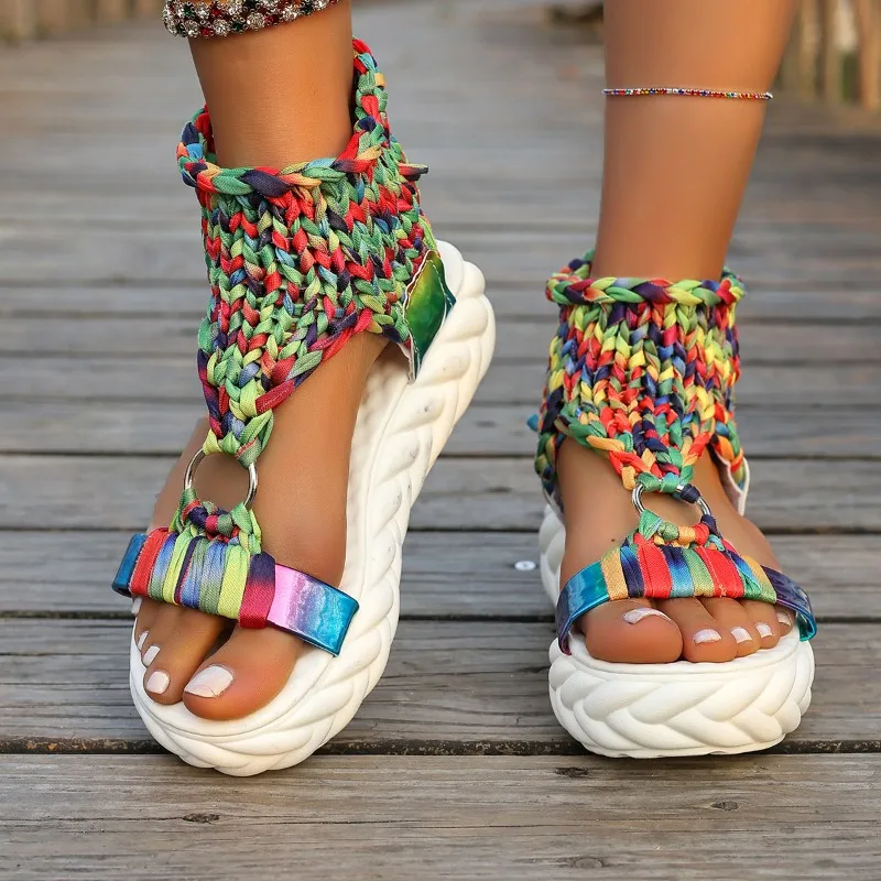 المرأة أزياء جولة رئيس محبوك غطاء القدم لينة وحيد المضادة للانزلاق مقاومة للاهتراء حذاء مسطح الصيف صنادل أرضية