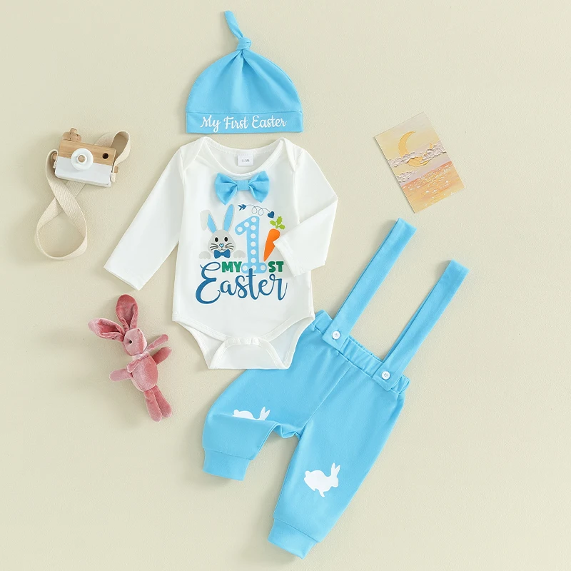 

Newborn Baby Boy Clothes My 1st First Easter Outfit Long Sleeve Rabbit Romper Suspender Pants Hat 3Pcs Clothing Set