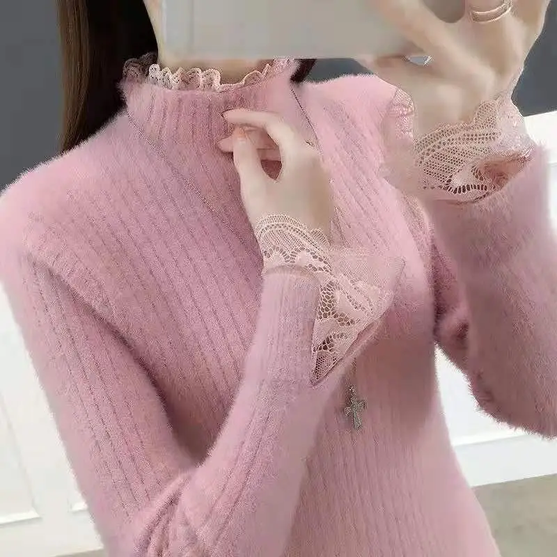 Elegant Half High Collar Knitted Spliced All-match Lace Sweaters Women\'s Clothing 2022 Autumn New Casual Pullovers Korean Tops