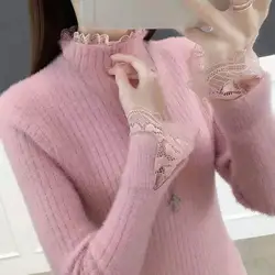 Elegant Half High Collar Knitted Spliced All-match Lace Sweaters Women's Clothing 2022 Autumn New Casual Pullovers Korean Tops