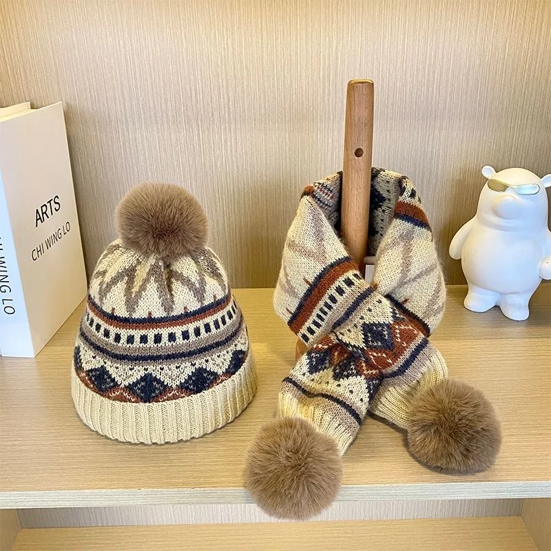 Children's hat and scarf two-piece cross-neck plus velvet hat winterproof knitted hat trend fashion