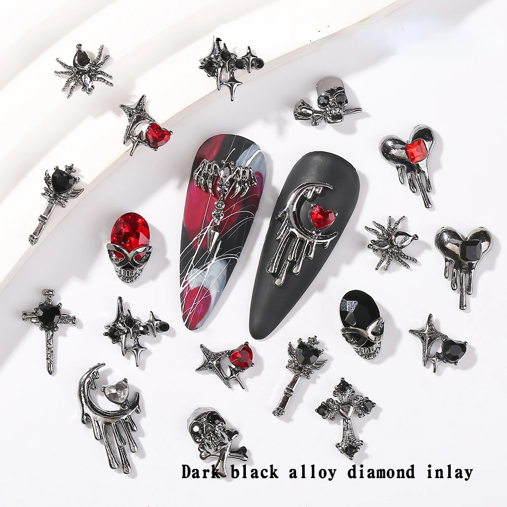 Gothic Punk Alloy 3D Nail Charms, Strass, Crystal Decor, Coração, Crânio, Cruz, Aranha, Acessórios de Jóias, Luxo, Halloween