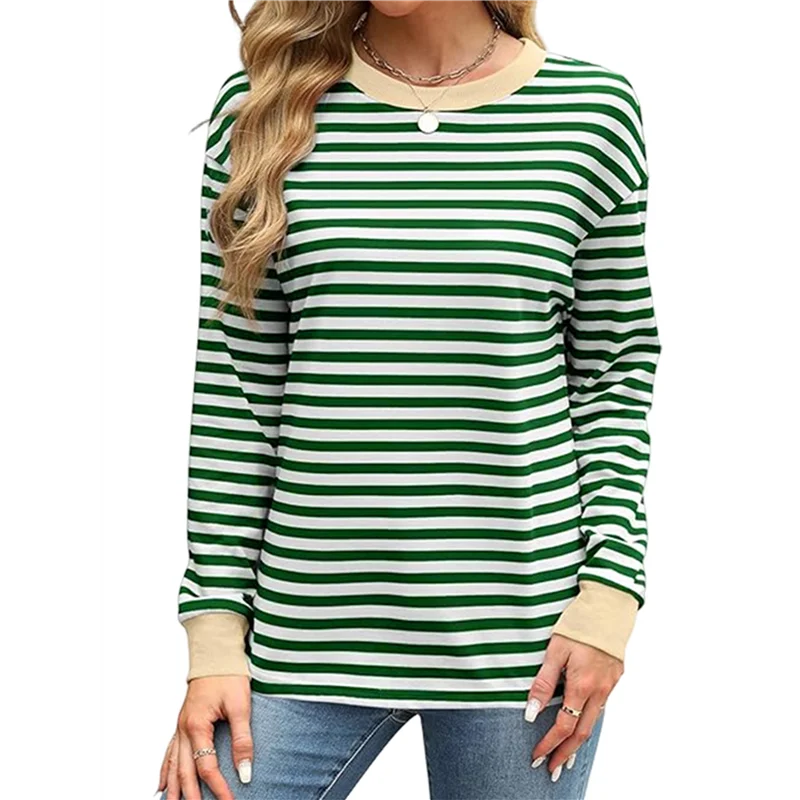 Damskie tuniki z długim rękawem, koszule w paski, bluzki z okrągłym dekoltem