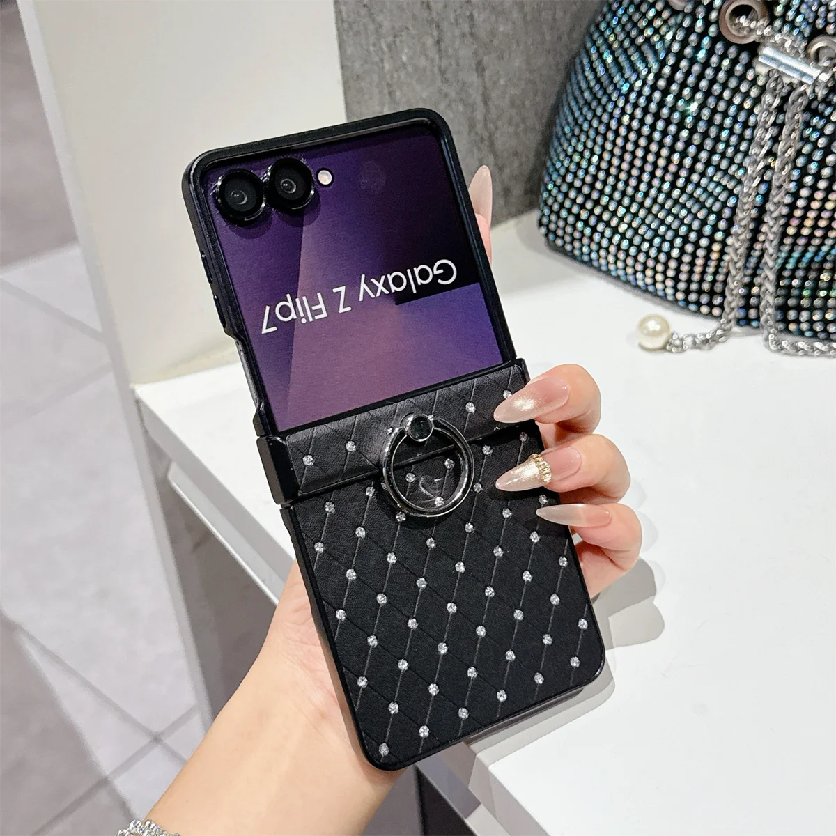 Luxus Leder Diamant Glitter Ring Handyhülle für Samsung Galaxy Z Flip 7 6 5 4 3 5G Flip7 FE Scharnier schützen stoßfeste Abdeckung