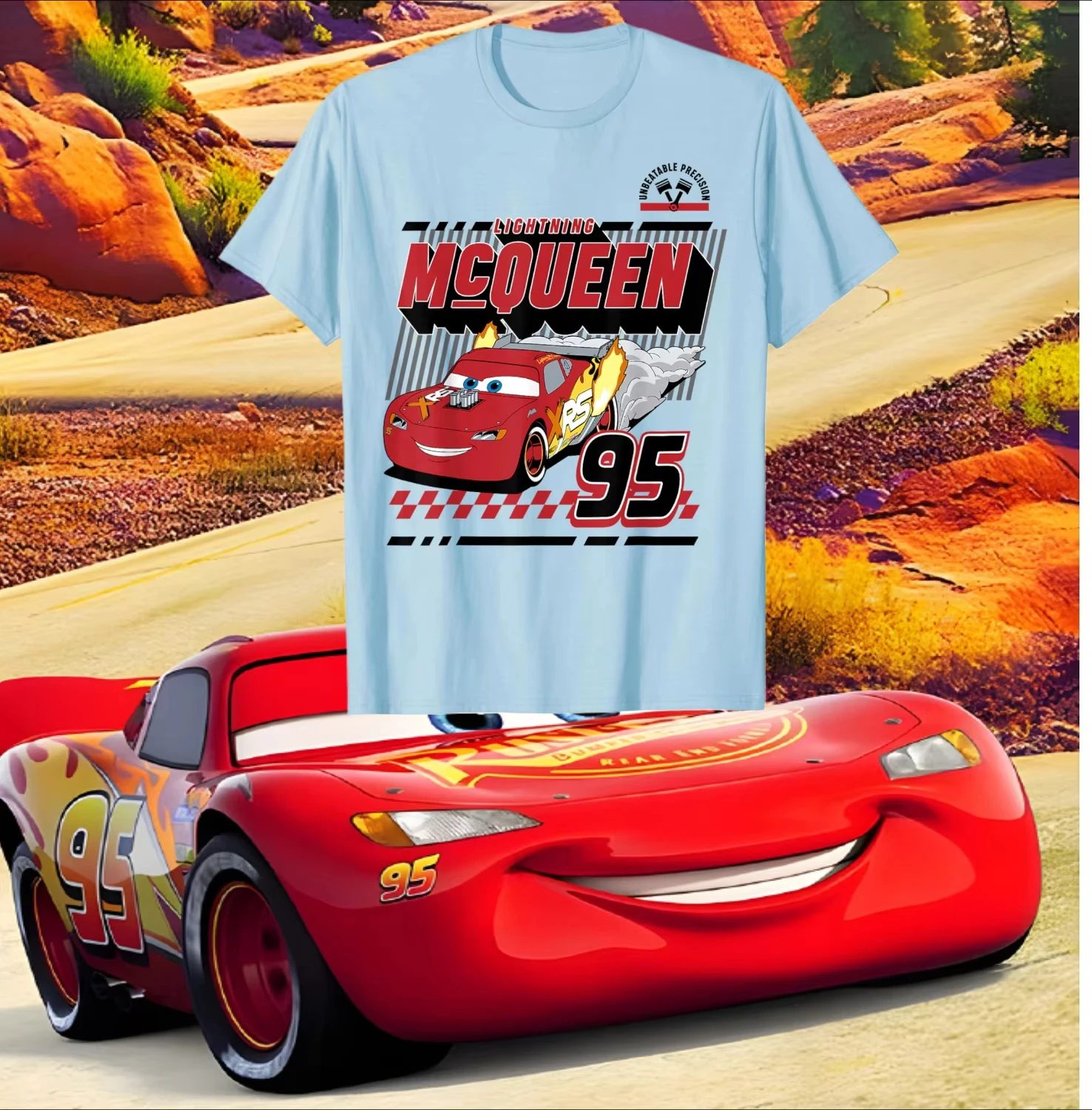 

2025 Summer New Disney Pixar Cars Lightning McQueen Retro 95 Poster T-Shirt 100% Polyester Round Neck T-Shirt