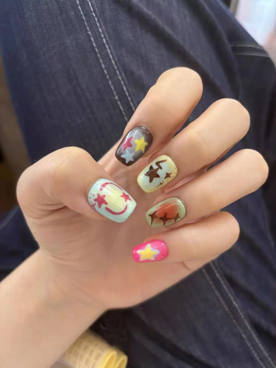 New Handmade Chocolate Stars Hand Painted Wearing Nail Art Cartoon Sweet Cool Babes Y2K Color Dopamine Press on Nails