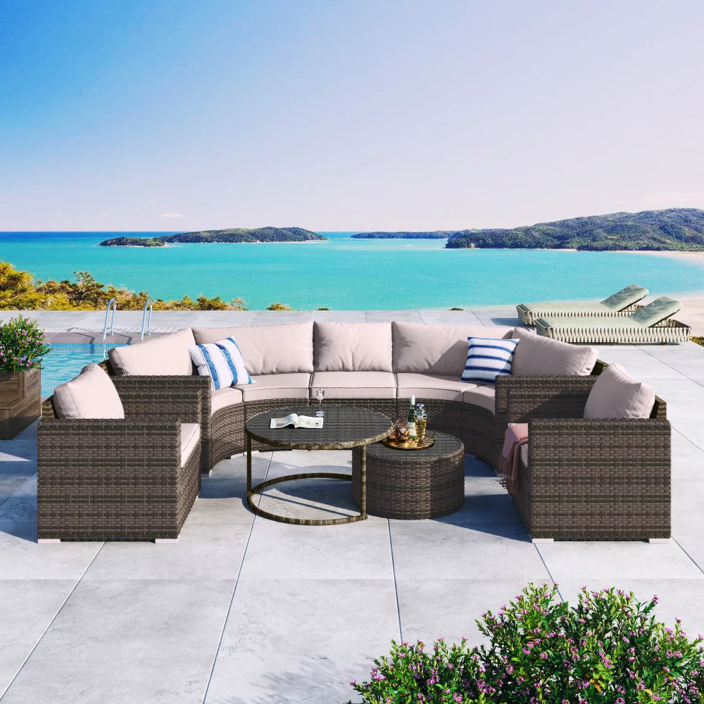 

9-Pieces Outdoor Half-moon Patio Sofa Set, Round Sofa Set, Modern Style Sofa, Brown Wicker, Beige Cushion