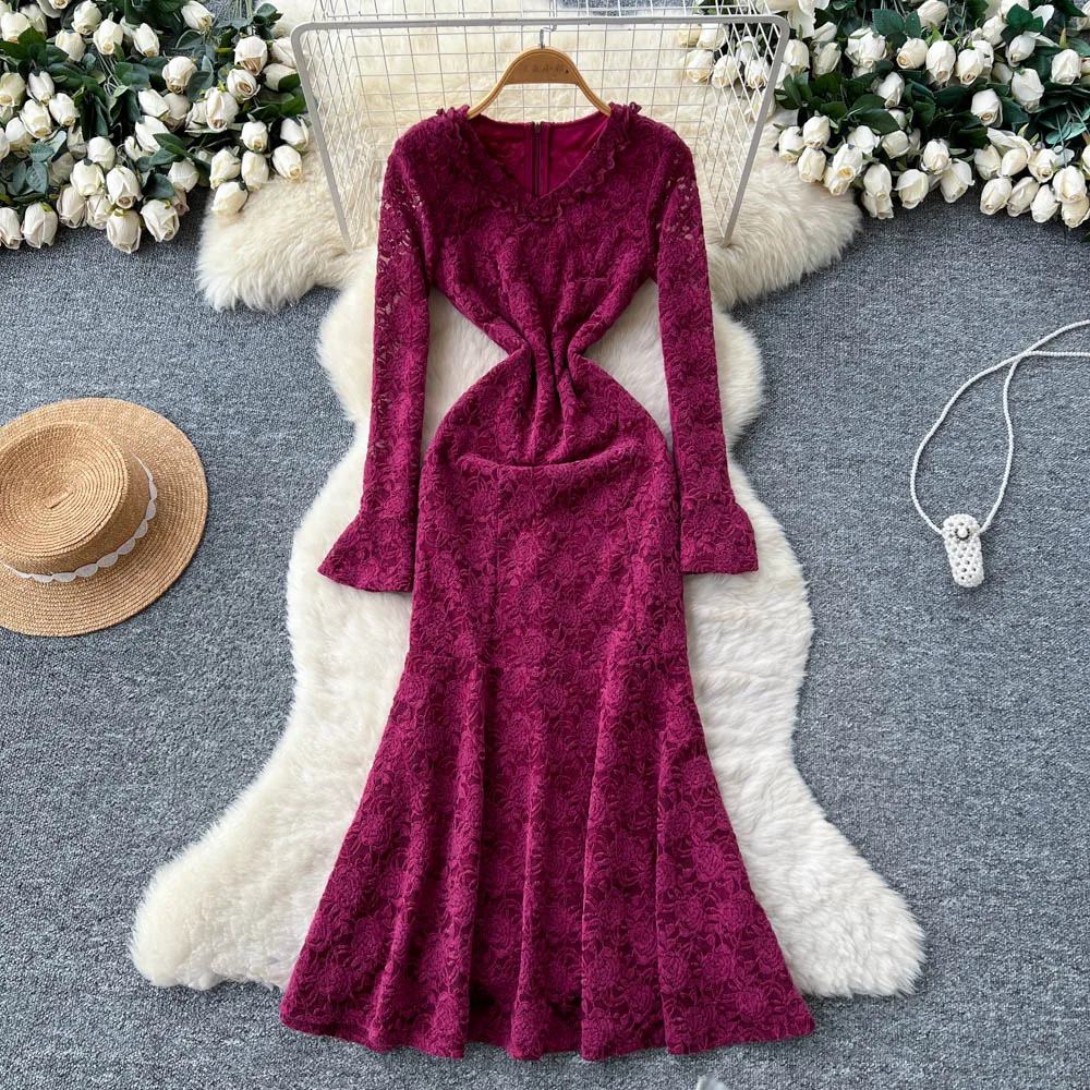 

Винтажное кружевное платье с длинным рукавом и v-образным вырезом, сексуальное платье русалки, длинное платье, женские модные церемониальные платья для отпуска