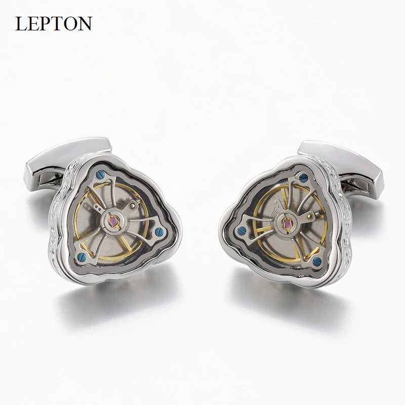 2026 Lepton Vintage Tourbillon CuffLinks for Men Steampunk Triangle Watch Movement Jewelry