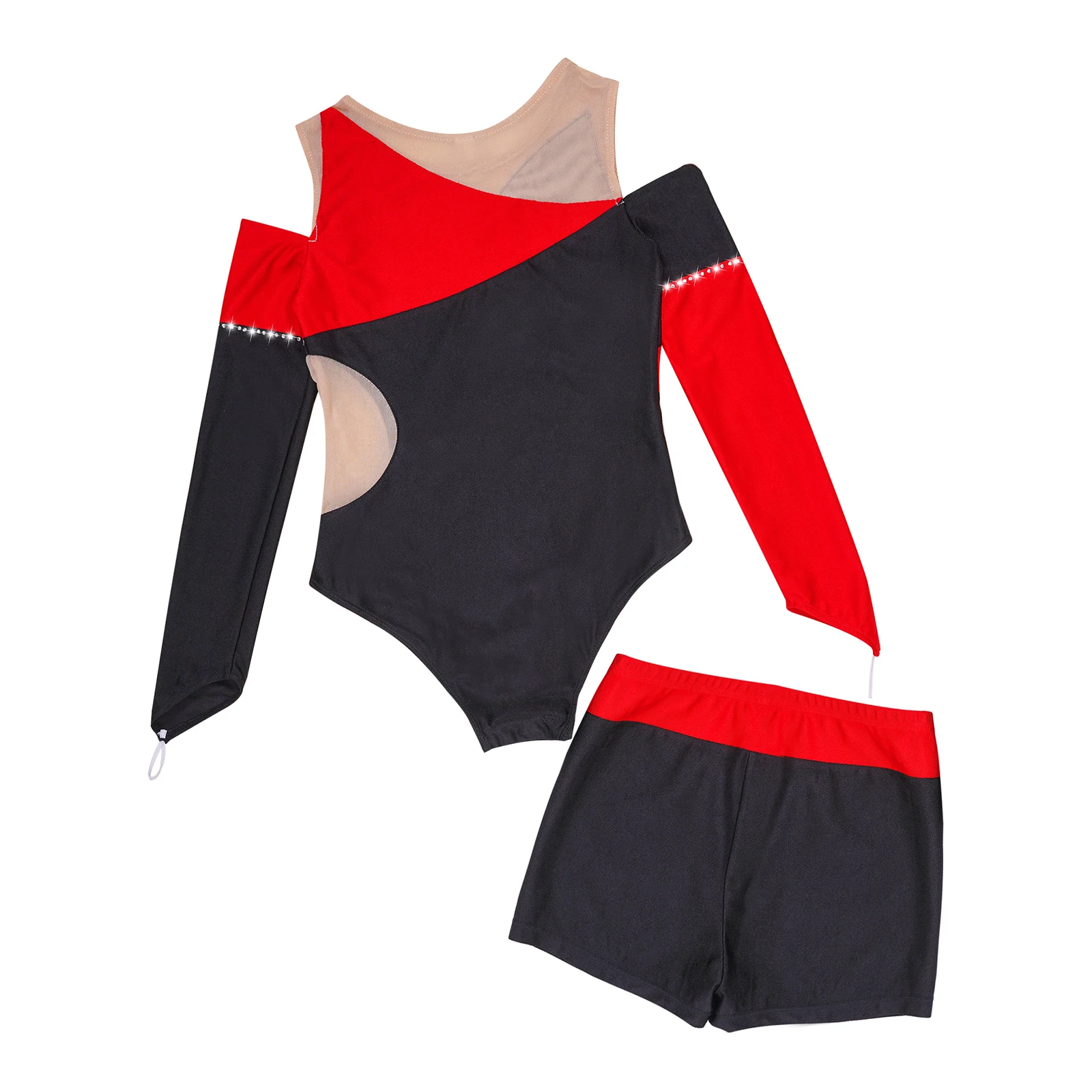 Kids Girls Long Sleeve Ballet Jersey Dance Costumes Shiny Rhinestone Gymnastics Artistic Skating Dance Leotards with Shorts