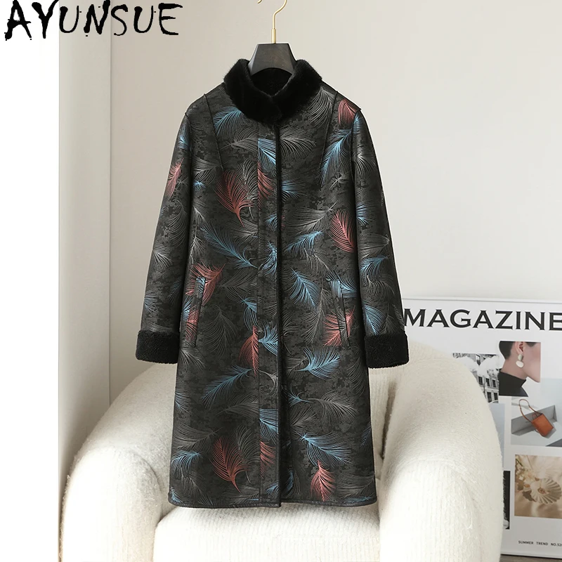 AYUNSUE 100% Wool Fur Coat Women Clothes Winter Jacket Warm Mink Fur Collar Mid-length Sheep Shearling Coats Woman 2025 Printed
