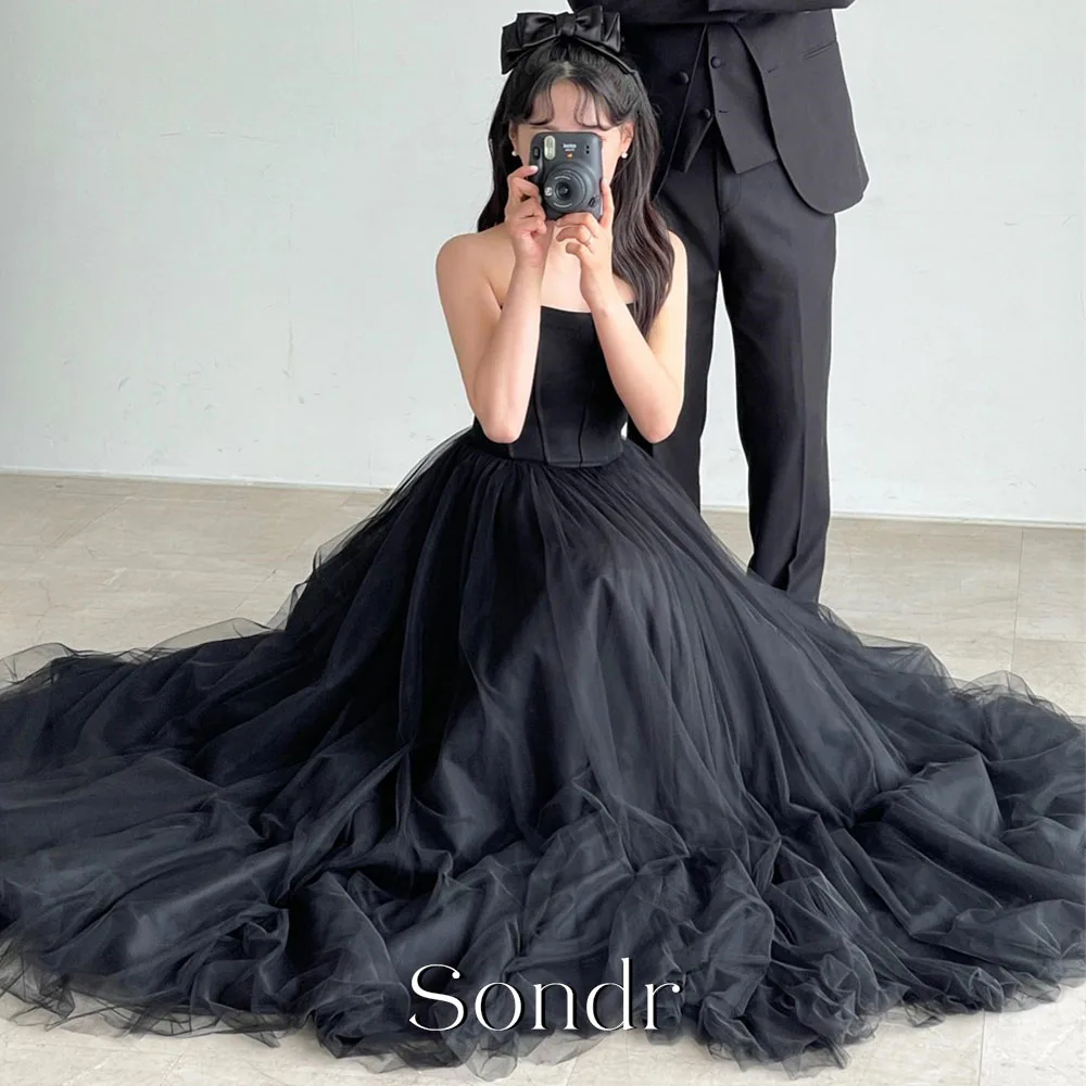 Sondr Modern Black Korean Wedding Snap Dresses Simple Strapless Japanese Bridal Wedding Party Gown Customized Photography