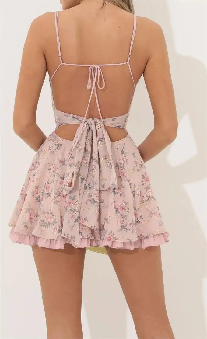 New Fashion Women Summer Casual A-Line Dress Floral Print V-Neck Tie-Up Backless Mini Dress Fashion Ruffles Hem Cami Dress S M L