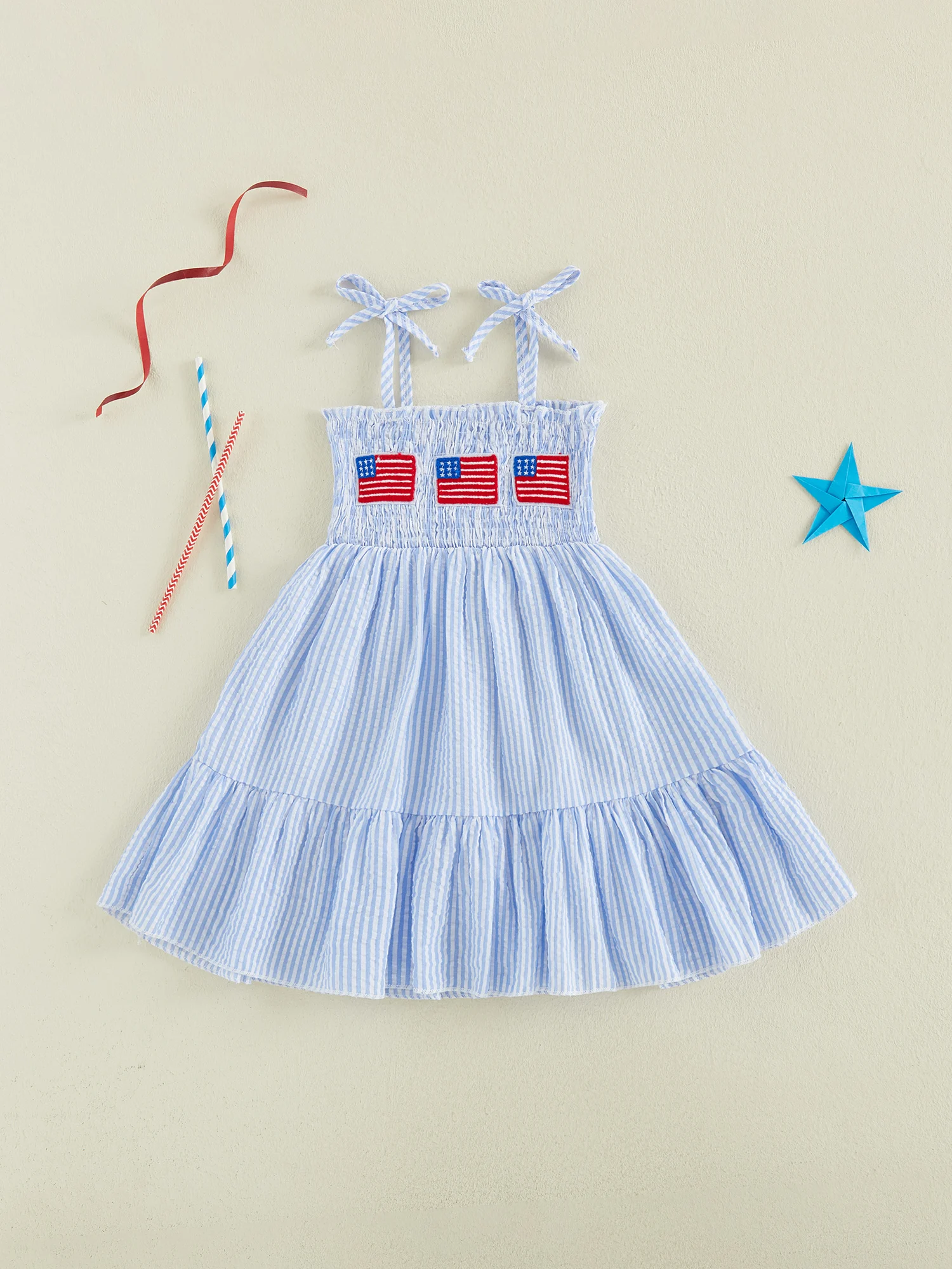 

Infant Girls Red White and Blue Sleeveless Dress with Stars and Stripes Embroidery - Patriotic 4th of July Cami Dress for