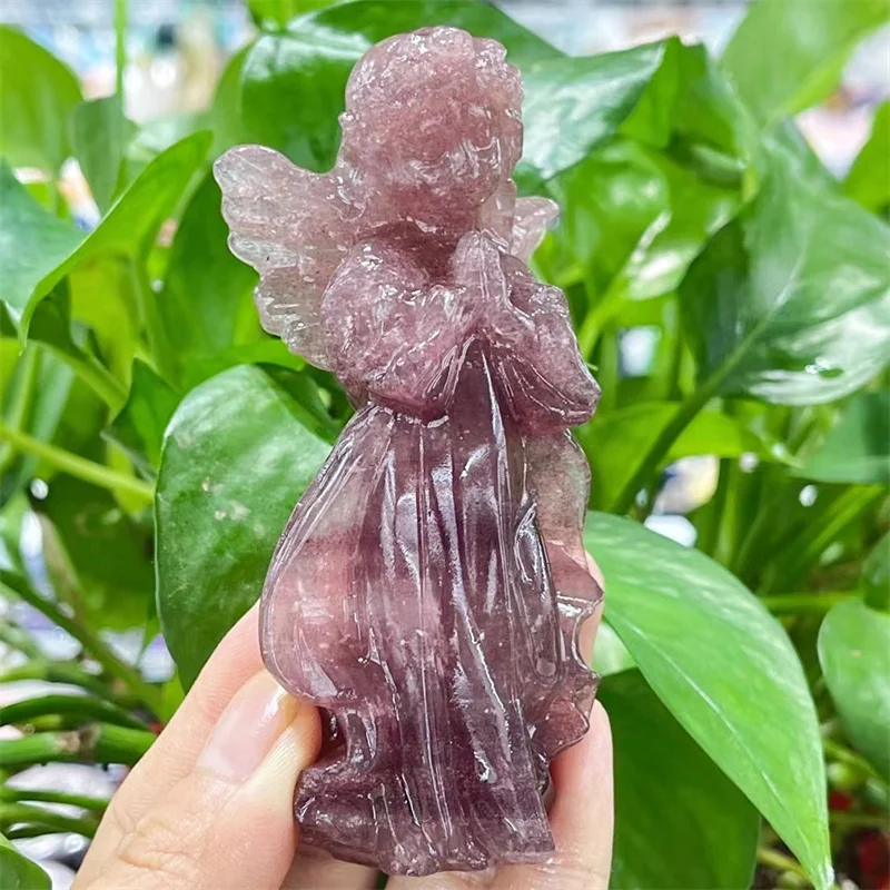 Natural Strawberry Quartz Angel Figurine Hand Carved Healing Stone Gemstone Reiki Home Decor Crystal Craft Gifts 1pcs