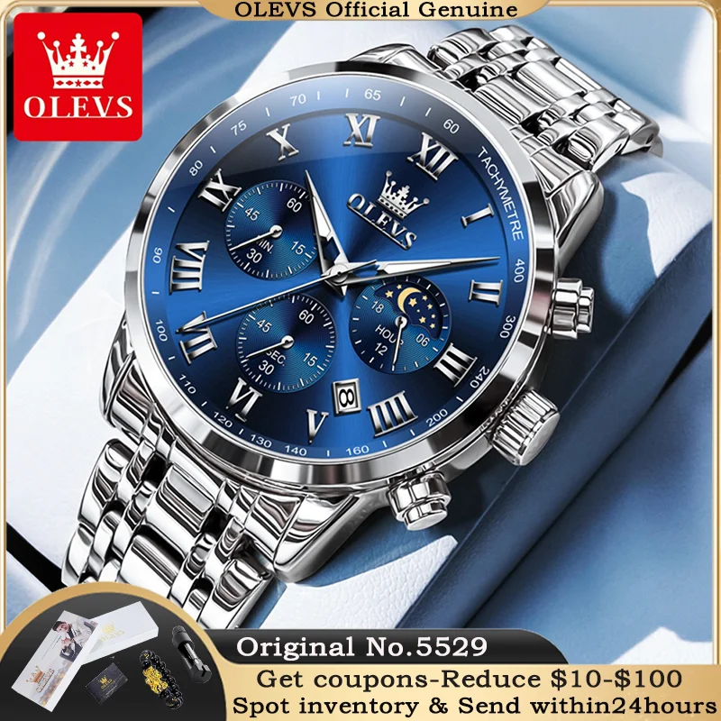 OLEVS 5529 Luxury Business Men Quartz Watch Brand Waterproof Luminous Calendar Watch Roman Scale Moonphase Timing Code Watch Men