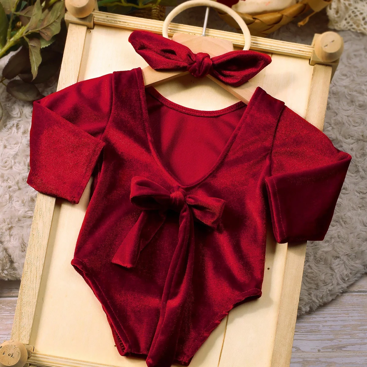 Ylsteed Newborn Christmas Outfit for Photo Shooting Baby Girl Back Bow Burgundy Velvet Romper With Rabbit Ear Headband