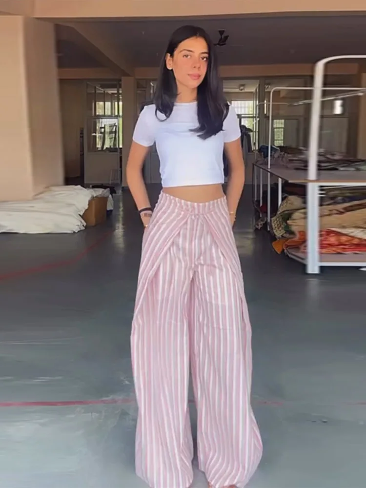 Verstellbare gestreifte Hose für Damen – Streetwear mit hoher Taille, Schnürung, weitem Bein und charmantem Panel-Design – Neu – Detail 17