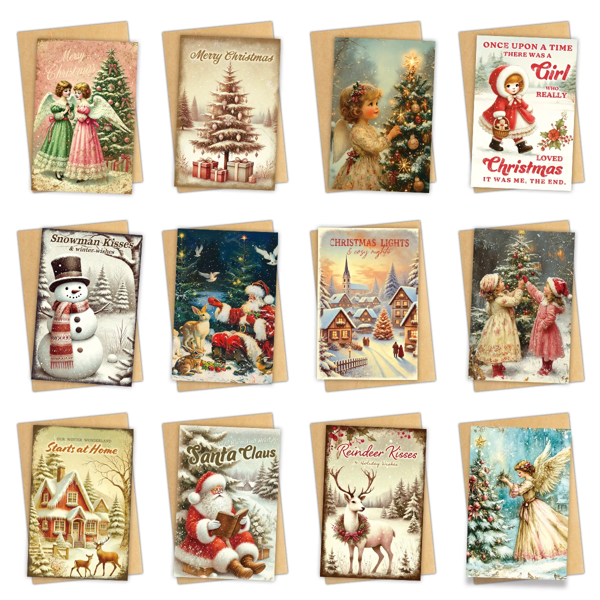 12 Stück Vintage-Weihnachtsgrußkarten mit Umschlag für Weihnachtswünsche für Familie, Freunde, Unternehmen, Feiertagsfeier, Dankeskarte