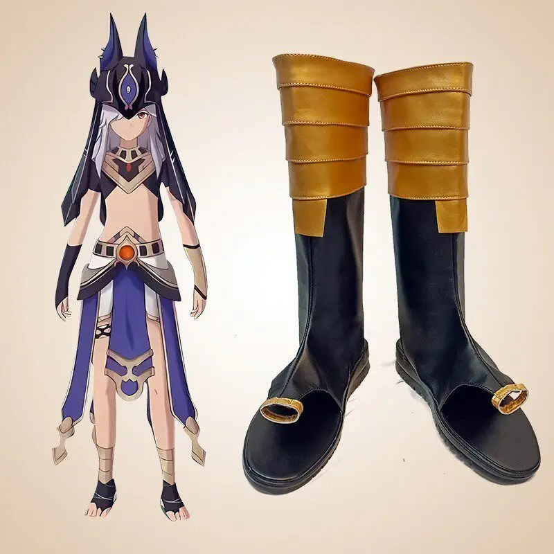Anime Genshin Impact Cyno Cosplay Shoes Black Medium-Long PU Leather Boots For Halloween Carnival
