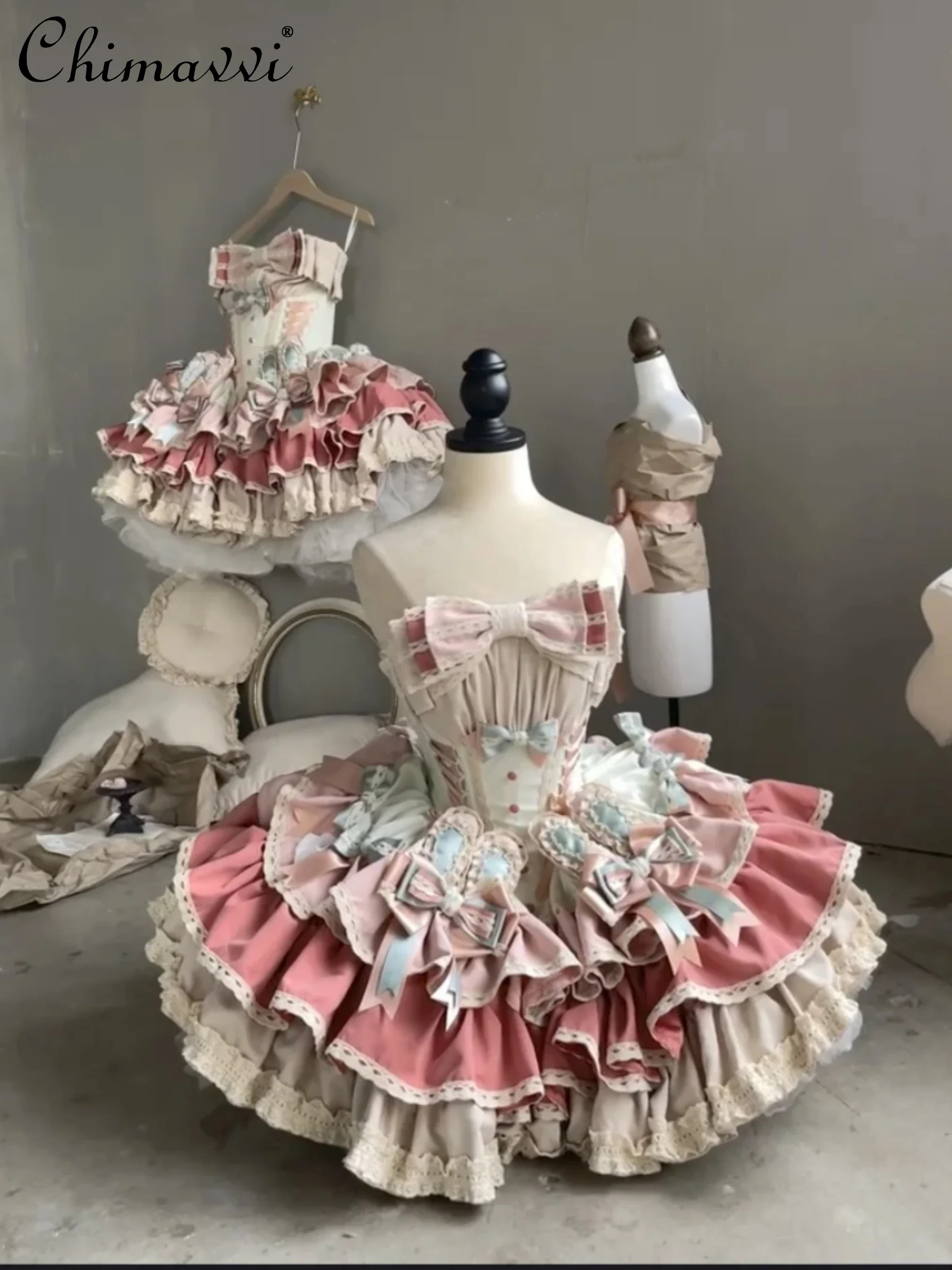 

French Sweet Lolita Princess Puffy Cake Dress Women Cute Bow Decoration Kawaii Girl Lady Birthday Party Elegant Mini Dresses