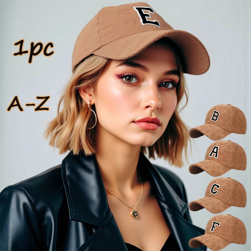 1 PC Letter A-Z Japanese Style Corduroy Baseball Cap - Unisex  Fall Winter Hat with Sun UV Protection