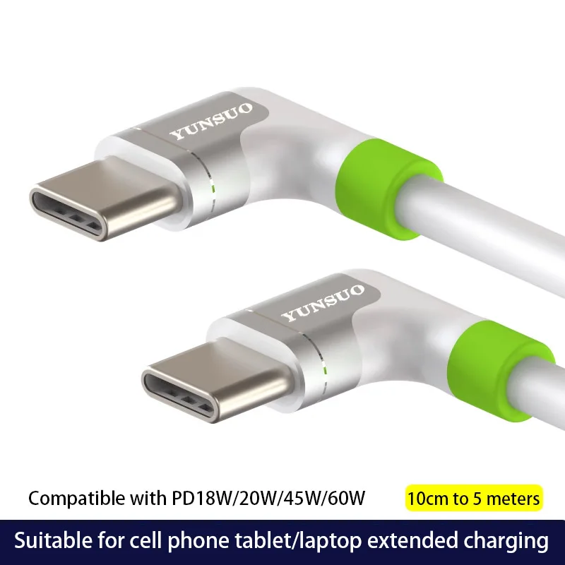 مزدوج الكوع USB نوع C كابل البيانات ، PD 20 فولت ، 2.25A ، 45 واط ، 20 فولت ، 3A ، 60 واط ، دفتر شقة ، الشحن السريع ، كابل البيانات PD45W ، PD60W ، 10 سنتيمتر ، 1 م ، 3 م ، 5 م