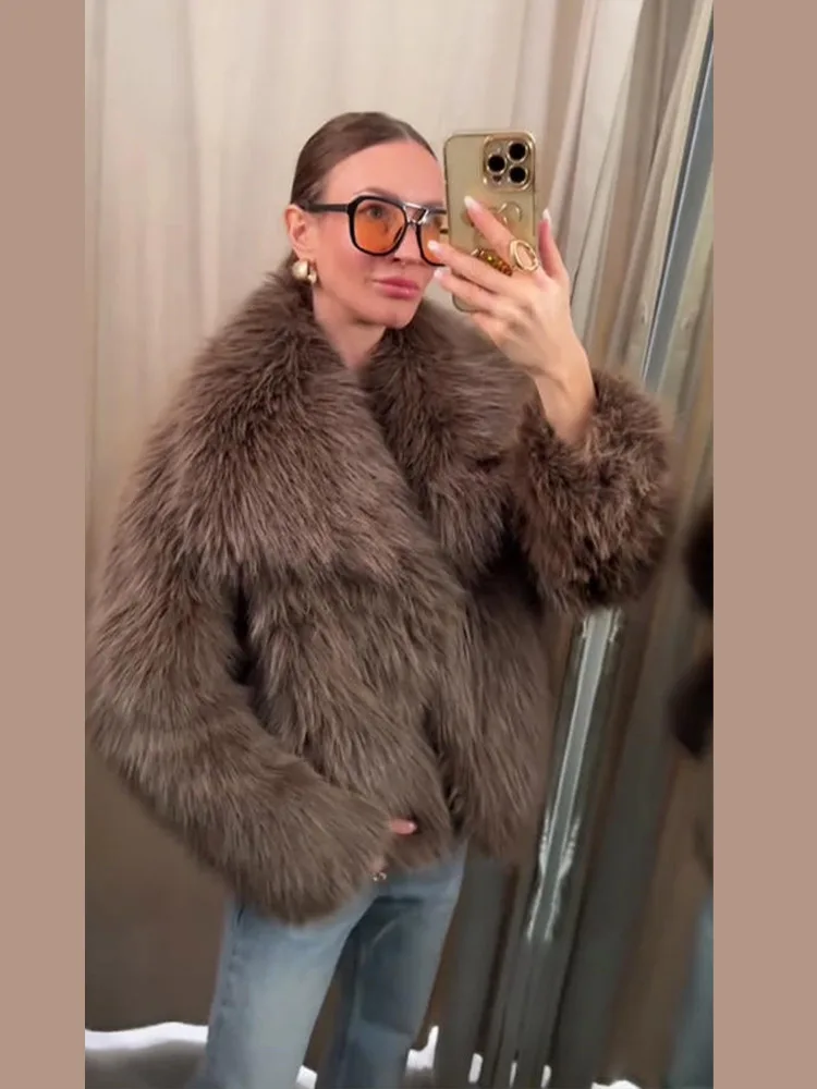 سترة نسائية مقاس كبير من الفرو الصناعي شتوية دافئة بأكمام طويلة وطية صدر السترة ناعمة وسميكة فاخرة وصديقة للبيئة #5