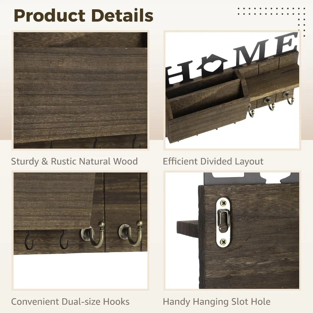 Wooden Wall Key Holder, Decorative Key and Mail Holder with Shelf Has Large Key Hooks for Bags, Coats, Umbrella